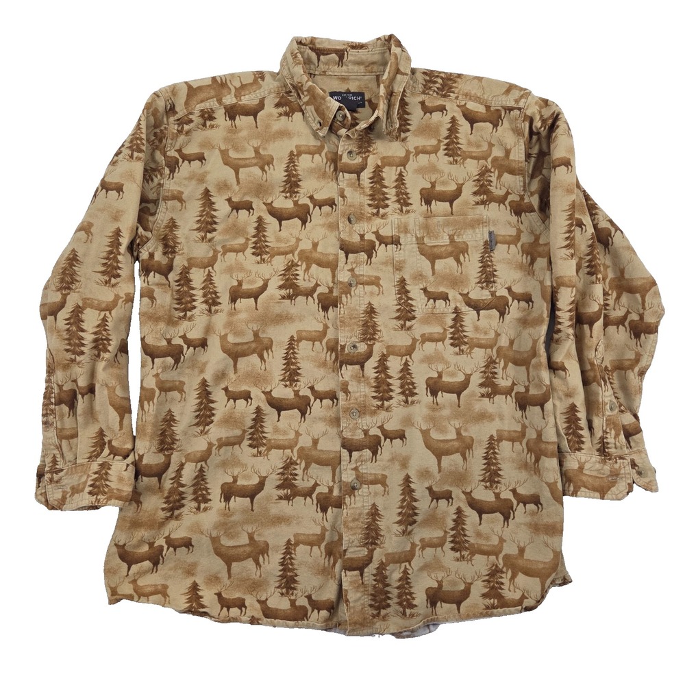 Woolrich Mens Elk All Over Print Flannel Button Down Shirt Brown Large